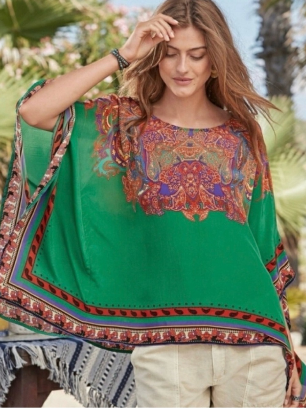 SUNDANCE Green Paisley Kaftan Tunic Blouse Boho Hippie Western Summer One Size